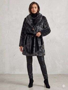 Juicy Couture Vintage Y2K Faux Fur Belted Trench Coat Jacket Black Gold Crown P